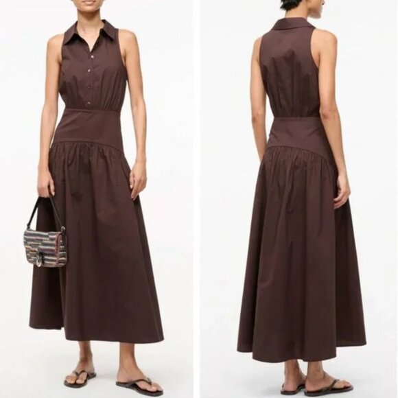 NWT STAUD Romy Midi Dress Sz6/10 Earth Cafe Brown Sleeveless Collared - Picture 1 of 10